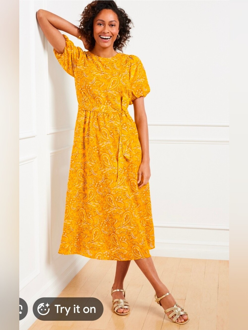 NWOT Talbots Yellow Paisley Midi Dress with Tie Waist Size 12